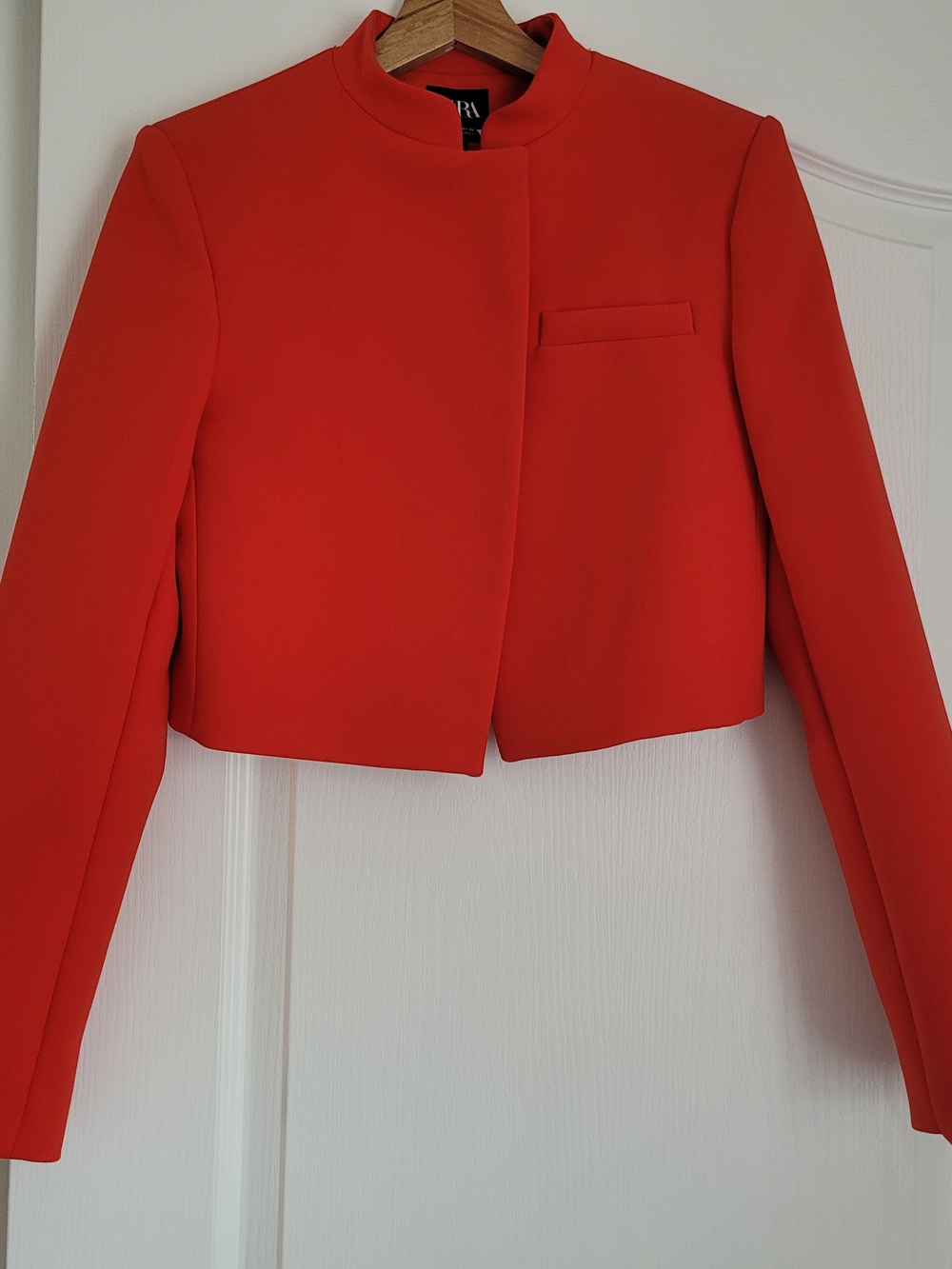 Zara Cropped Red Collarless Blazer Jacket - Picture 6 of 14